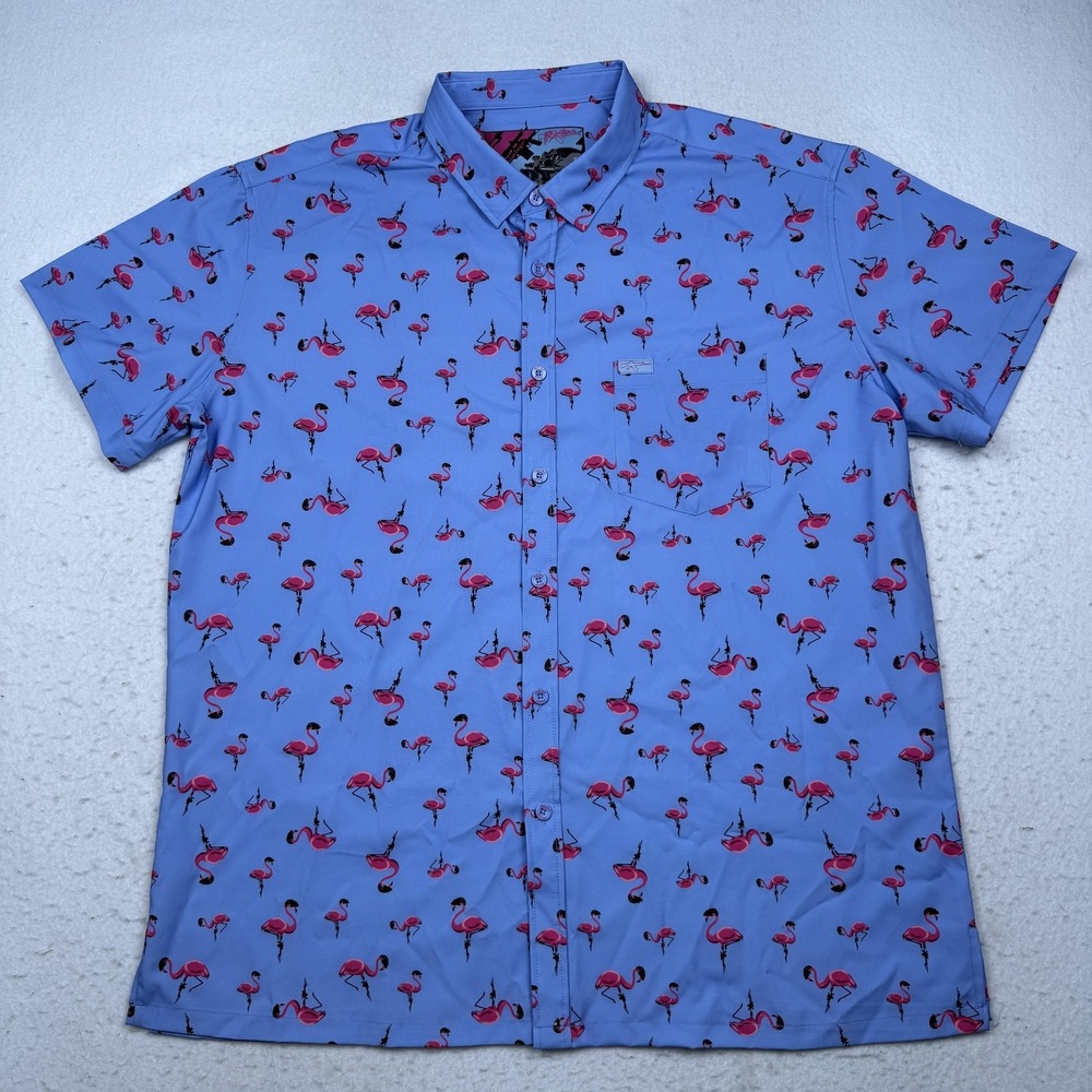 Retro Rifle Mens 2XL Blue Flamingo Short Sleeve Button Up Stretch Tactimingo